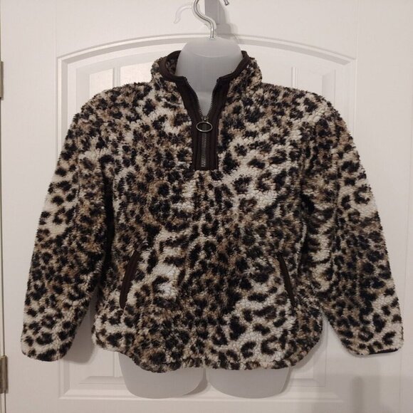 Soft Cuddly Sherpa Girl's Leopard Print Faux Fur Fleece Quarter-Zip Jacket - Picture 1 of 10